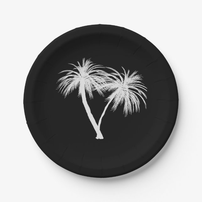 Assiettes En Carton Palmiers tropicaux noirs et blancs Mariage moderne (Devant)