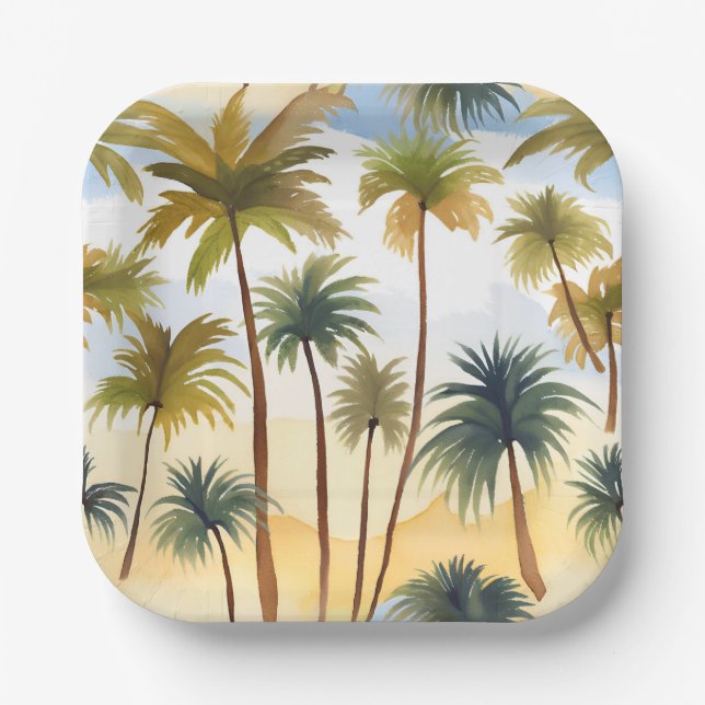Assiettes En Carton Palmiers Tropicaux | Peinture Aquarelle de Plage (Recto)
