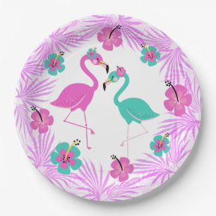 Assiettes En Carton Palmiers turquoise rose tropicale Flamant rose 9"