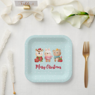 Assiettes En Carton Pals de Noël - Rennes, Ours et Lapin