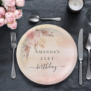 Assiettes En Carton Pampas d'anniversaire herbe brush rose or florales