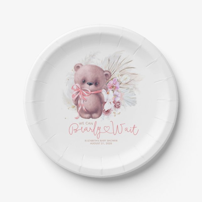Assiettes En Carton Pampas Grass Teddy Bear Baby shower Rose Boho (Devant)