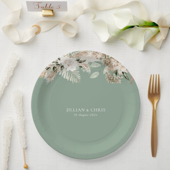 Assiettes En Carton pampes herbe sauge vert mariage (Mariage)