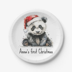 Assiettes En Carton panda bébé en casquette de noël, personnalisable