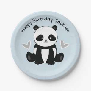 Assiettes En Carton Panda se reposant avec le plat bleu de partie de