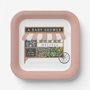 Assiettes En Carton Panier à fleurs Baby shower rose