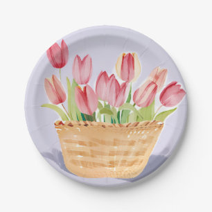 Assiettes En Carton Panier de Tulipes   Peinture Aquarelle Florale