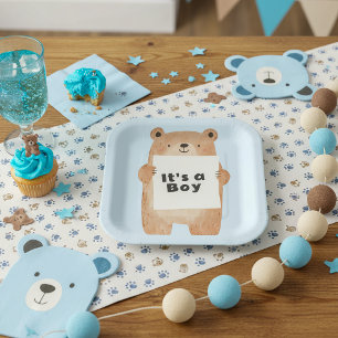Assiettes En Carton Panneau de maintien de l'ours baby shower bleu mig