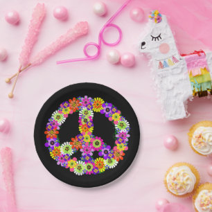 Assiettes En Carton Panneau de paix Floral en noir