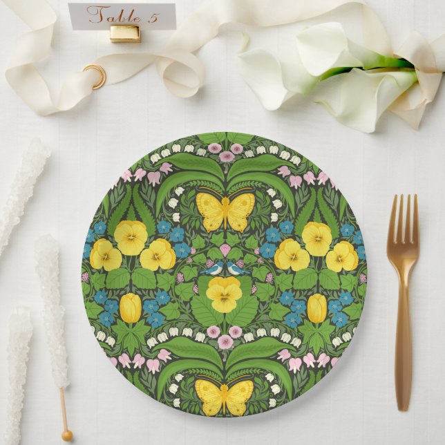 Assiettes En Carton Pansies jaunes, oiseaux et papillons (Mariage)