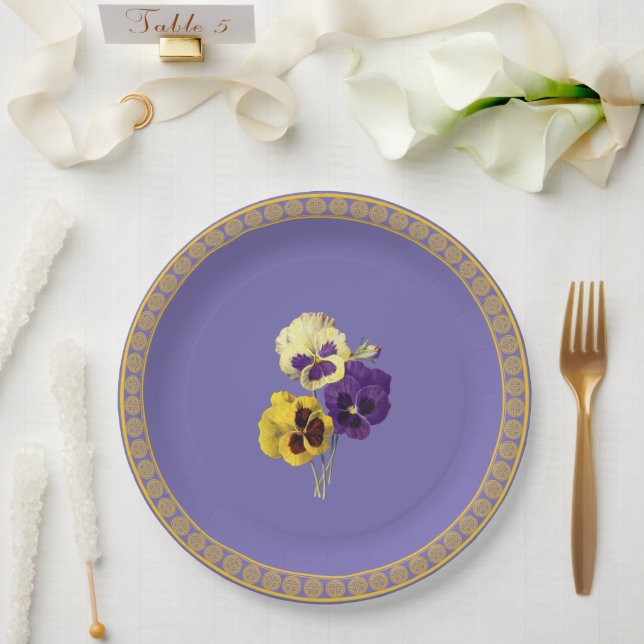 Assiettes En Carton Pansies, violettes et jaunes (Mariage)