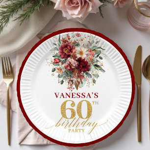 Assiettes En Carton Pape d'anniversaire 60 ans Burgundy romantique dor