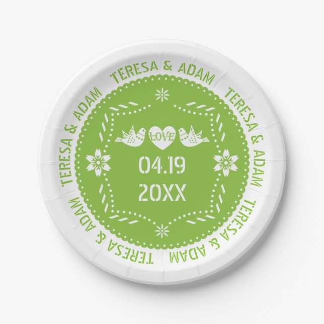 Assiettes En Carton Papel picado inséparables vert mariage mexicain (Devant)
