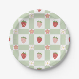 Assiettes En Carton Paper Plate Cute Strawberry Gingham Pastel Green