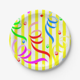 Assiettes En Carton Paper Plates, Yellow & White Stripe Confetti