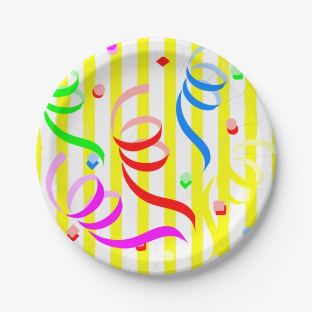 Assiettes En Carton Paper Plates, Yellow & White Stripe Confetti (Devant)
