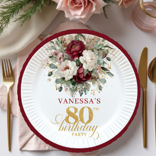 Assiettes En Carton Papier Anniversaire 80 Ans Fleurs de Bourgogne Élé