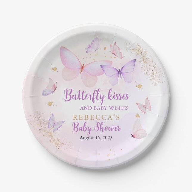 Assiettes En Carton Papier Baby shower rose violet papillon (Devant)