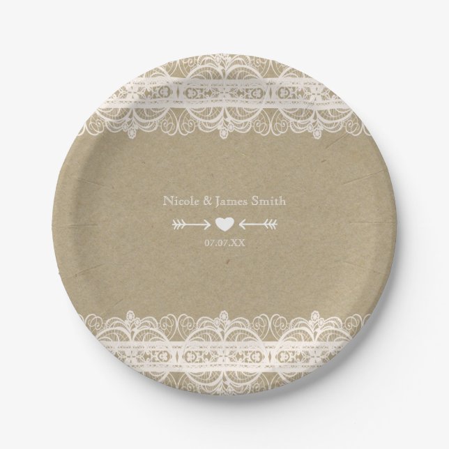Assiettes En Carton Papier Brown et dentelle blanche Mariage naturel r (Devant)
