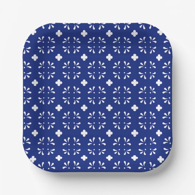 Assiettes En Carton Papier carré Plaque Bleu Blanc Motif Vaisselle (Recto)