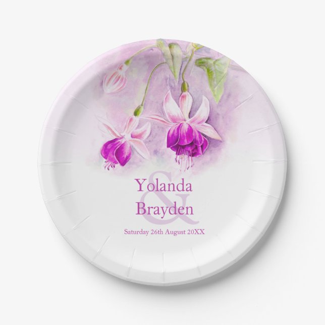 Assiettes En Carton papier d'aquarelle rose fuchsia mariage (Devant)