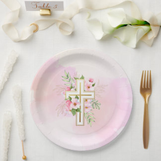 Assiettes En Carton Papier de dédicace de bébé à croix florale aquarel