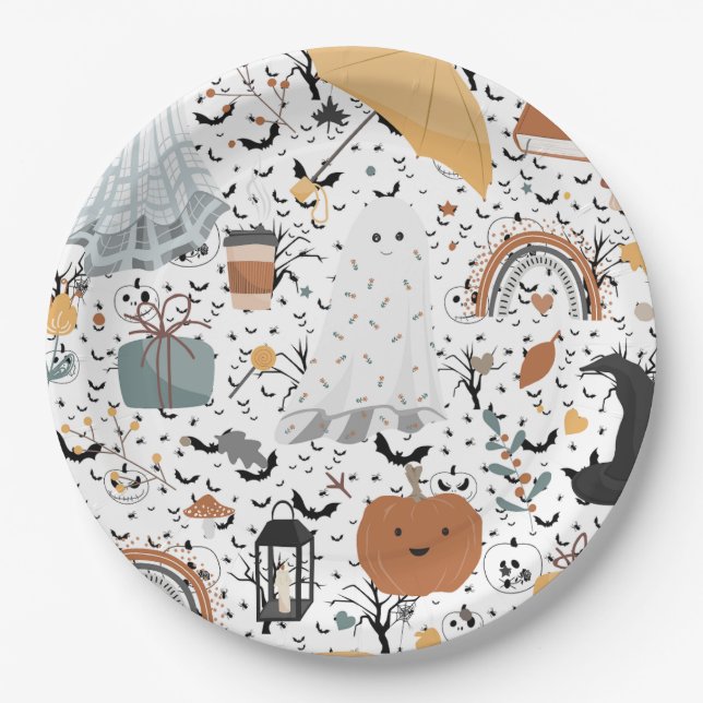 Assiettes En Carton Papier d'emballage fantôme d'Halloween d'automne (Devant)