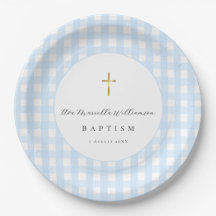 Papier gingham bleu pour baptême de bébé garçon