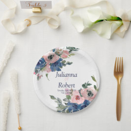 Assiettes En Carton Papier mariage rose et bleu aquarelle