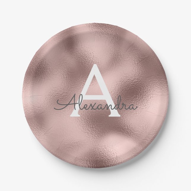 Assiettes En Carton Papier métallisé rose gold Monogramme Anniversaire (Devant)