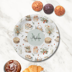 Assiettes En Carton Papier Monogrammé Fantaisie Floral Fraise Campagne
