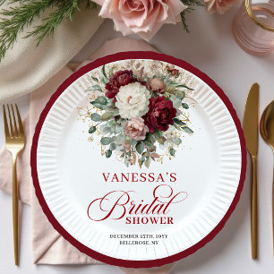 Assiettes En Carton Papier pour Baby Shower Floral de Bourgogne Botani