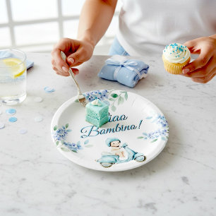Assiettes En Carton Papier "Scooter Floral Bleu pour Bébé Garçon "Ciao