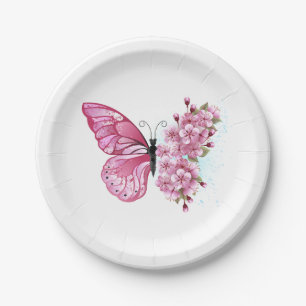 Assiettes En Carton Papillon à fleurs avec Sakura rose