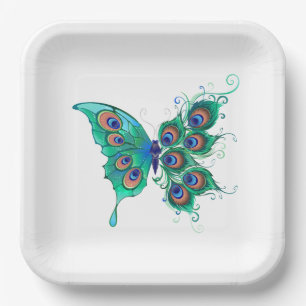 Assiettes En Carton Papillon aux plumes de paon vert