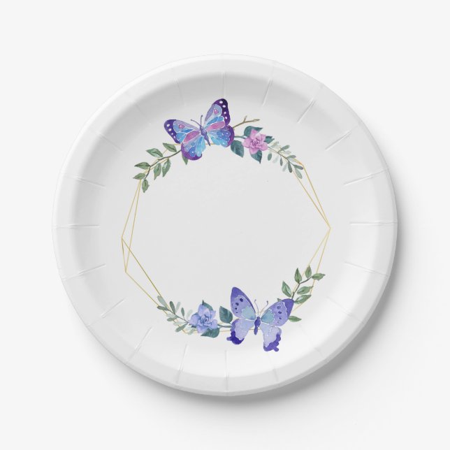 Assiettes En Carton Papillon bleu Aquarelle Papillons Mariage (Devant)