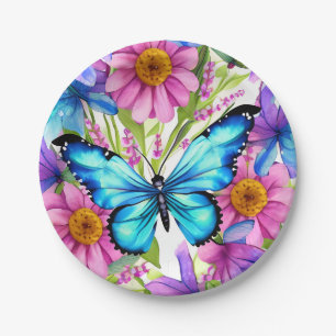 Assiettes En Carton Papillon bleu dans un champ de fleurs