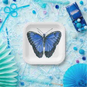 Assiettes En Carton Papillon bleu Morpho aquarelle peinture
