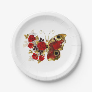 Assiettes En Carton Papillon de fleurs rouges aux roses rouges