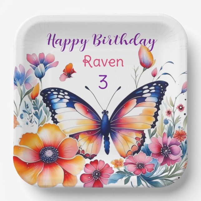 Assiettes En Carton Papillon en fleurs Fête d'anniversaire de la fille (Recto)
