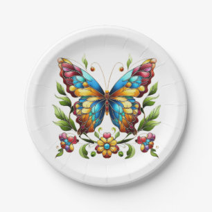 Assiettes En Carton Papillon en vitrail coloré avec fleurs
