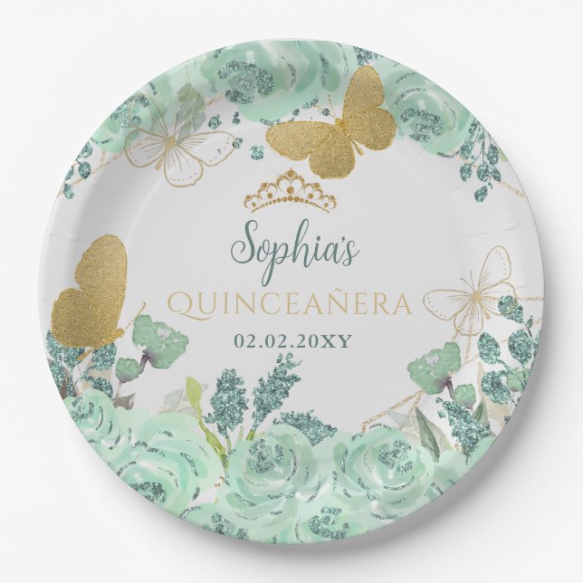 Assiettes En Carton Papillon floral à la menthe Quinceañera (Devant)