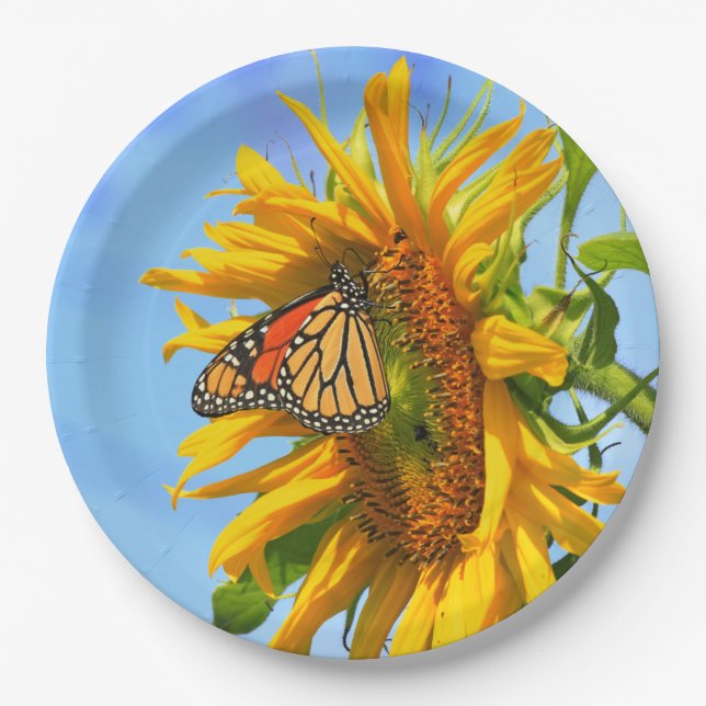 Assiettes En Carton Papillon monarque sur un tournesol (Devant)