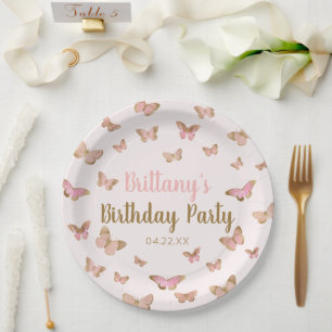 Assiettes En Carton Papillon rose Brown à thème fête d'anniversaire