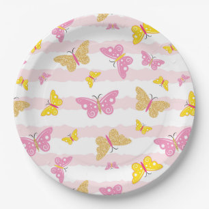 Assiettes En Carton Papillon rose et or