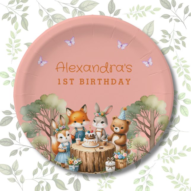 Assiettes En Carton Papillon rose Fille Bois Animaux 1er anniversaire (Créateur téléchargé)