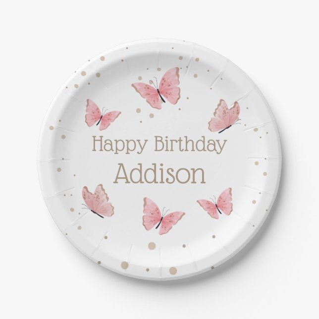 Assiettes En Carton Papillon rose Plaques papier d'anniversaire (Devant)