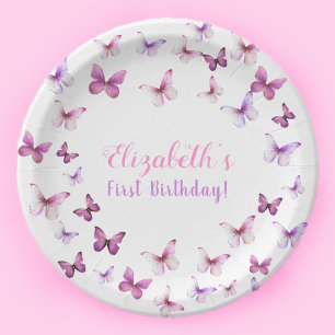 Assiettes En Carton Papillon rose Premier anniversaire bébé fille