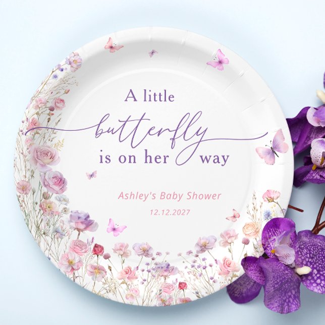 Assiettes En Carton Papillon rose violet Baby shower fleur sauvage (Créateur téléchargé)