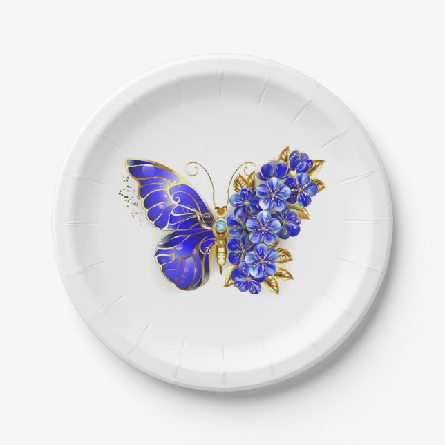 Assiettes En Carton Papillon saphir à fleurs (Devant)